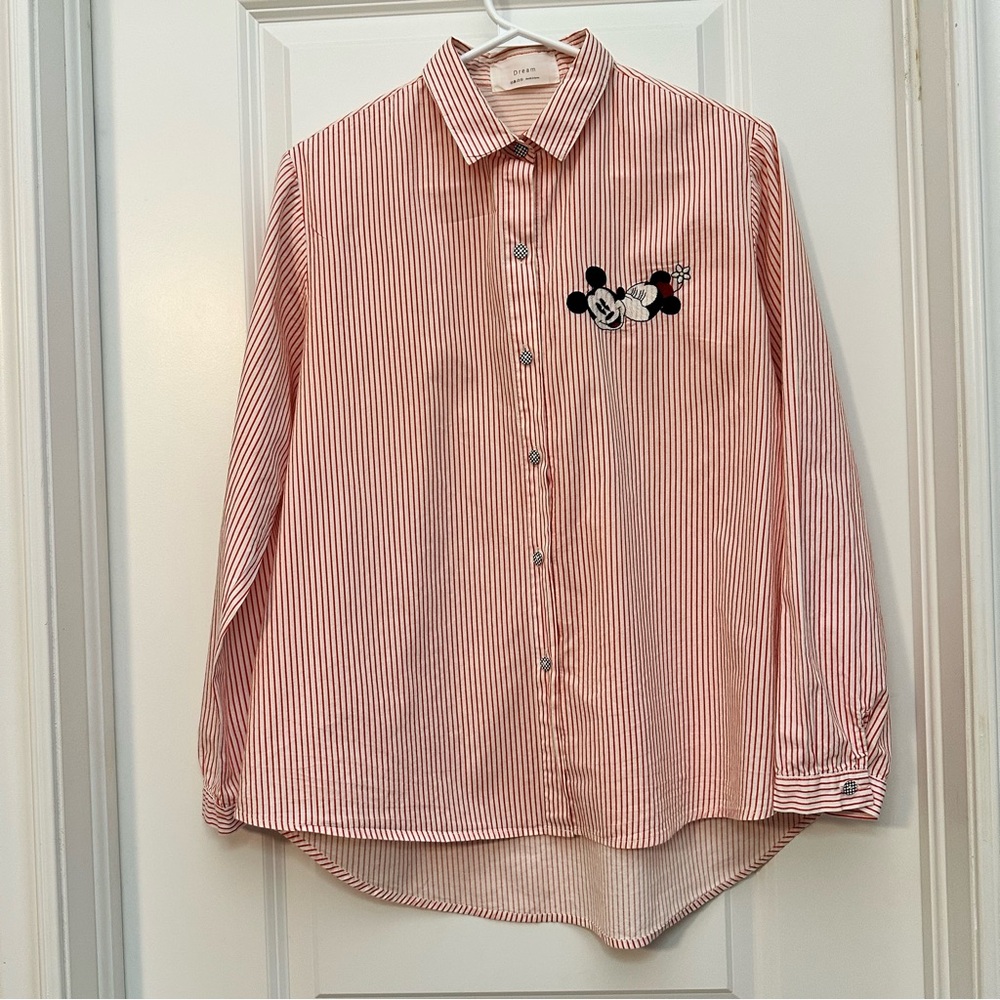 Women’s Mickey and Minnie Red and White striped Button Down Shirt Sz 2/4